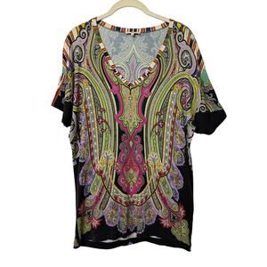Etro Black Pink Paisley Short Sleeve Pattern V Neck Top Sz 40/Small